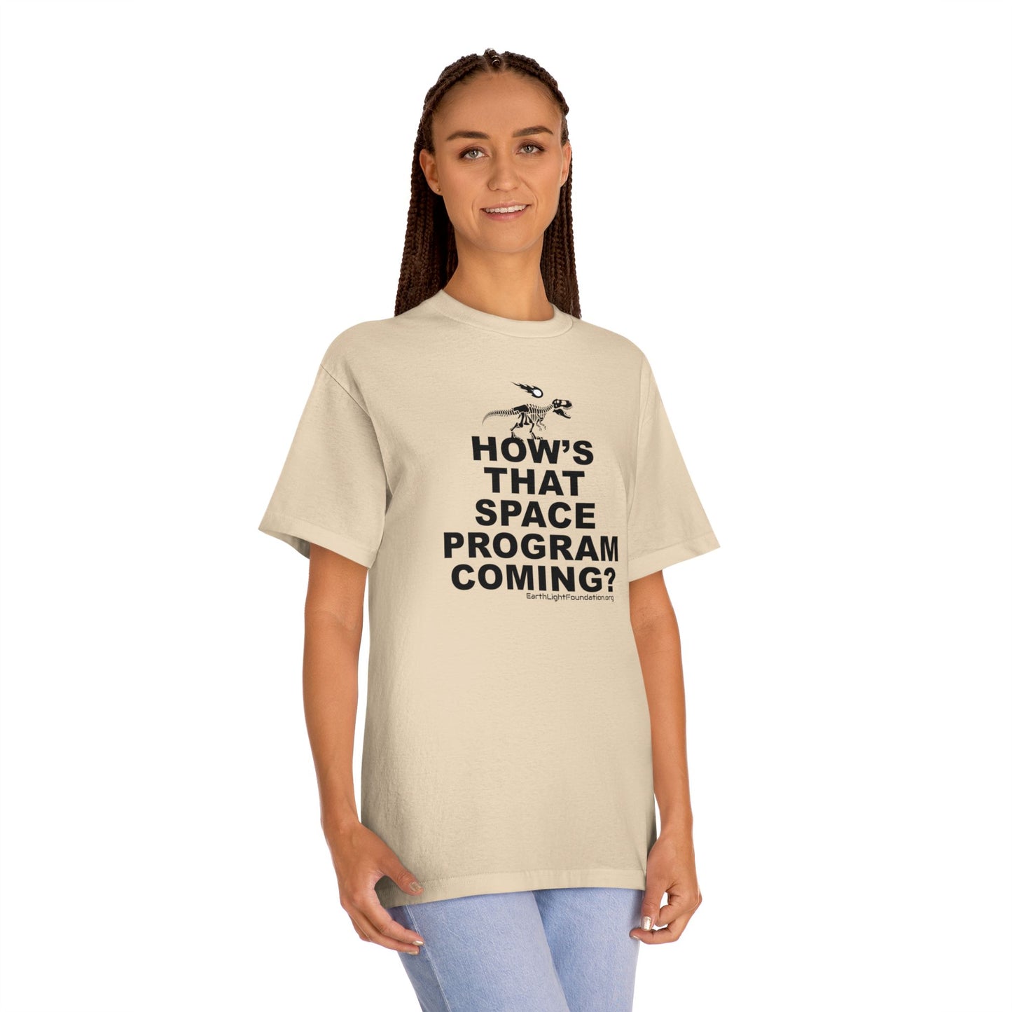 "How's That Space Program Coming?" Dinosaur Extinction Unisex Tee (Light colors)